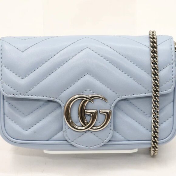 Gucci Calfskin Matelasse Super Mini GG Marmont Shoulder Bag - Light Blue - Picture 1 of 16